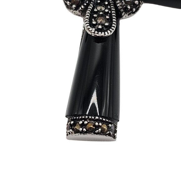 VTG Necklace Pendant Black Silver Onyx Marcasite Cross Religious Faith Gothic - Picture 10 of 14